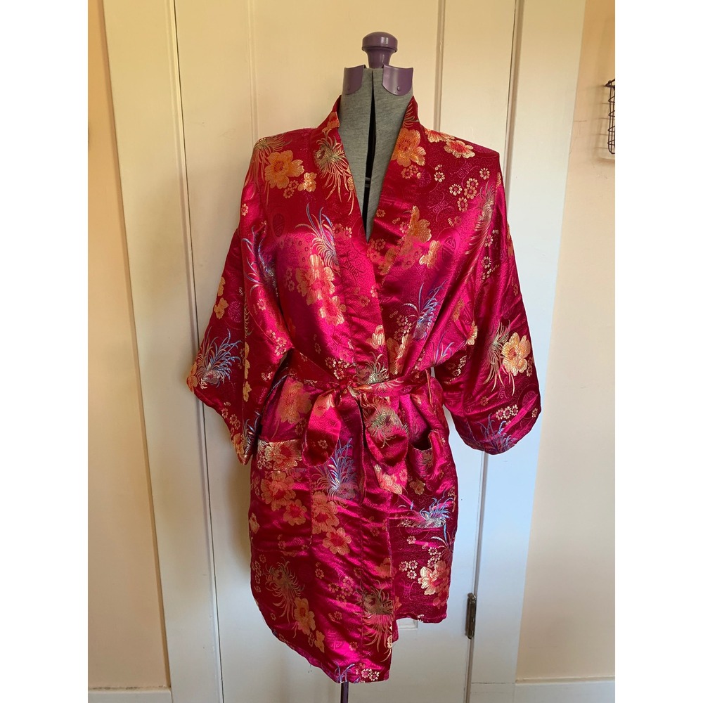 Vintage Pink Floral Brocade Satin Kimono Robe Short Wrap Jacket Loungewear OS